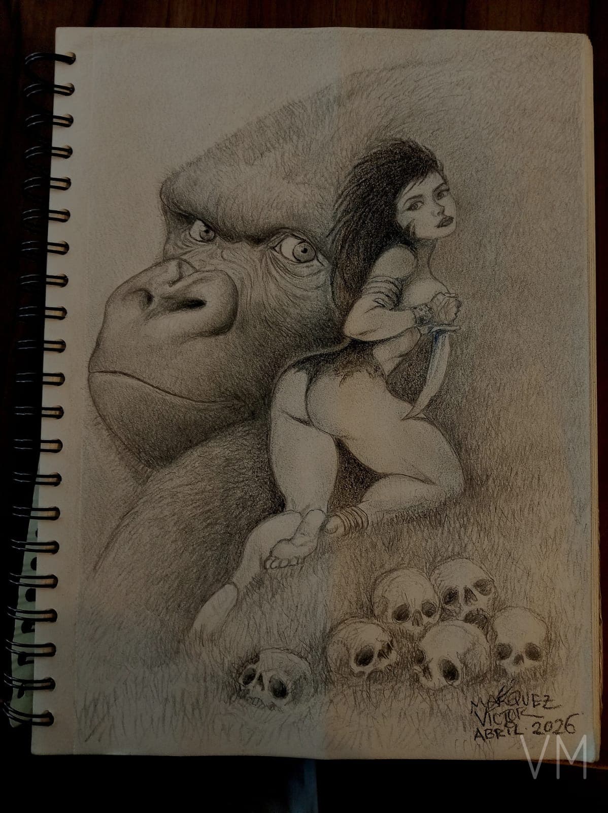 Gorila protector con guerrera y calaveras, escena oscura y épica