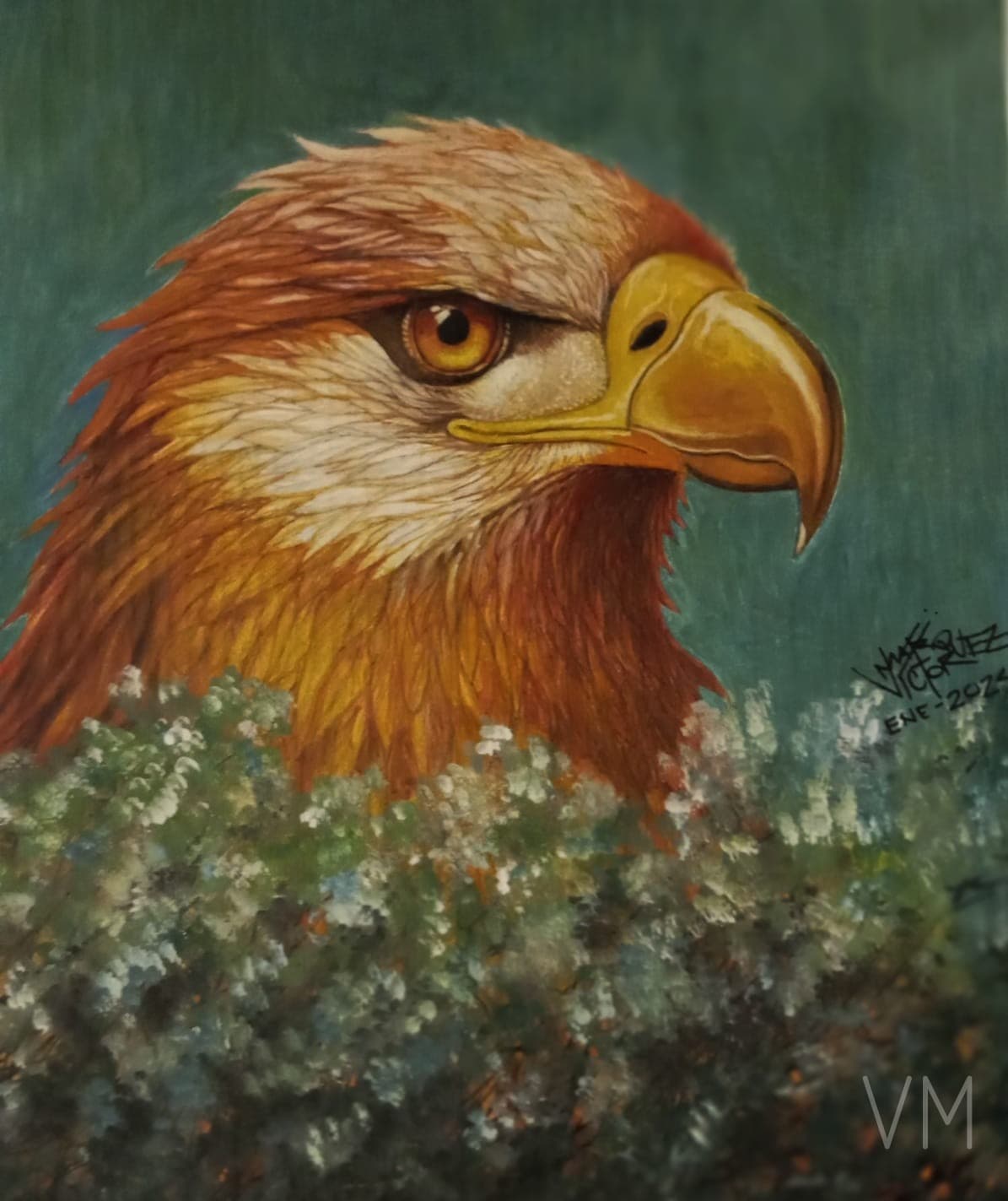 Majestuoso retrato de un águila dorada con mirada penetrante, pintura realista.