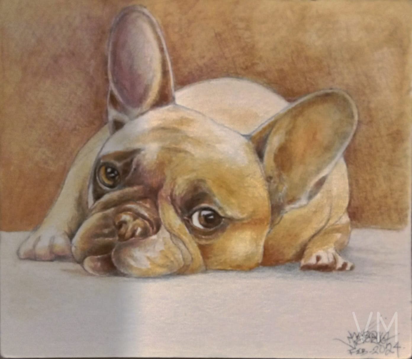 Bulldog francés color arena descansando con ojos melancólicos, retrato a color.