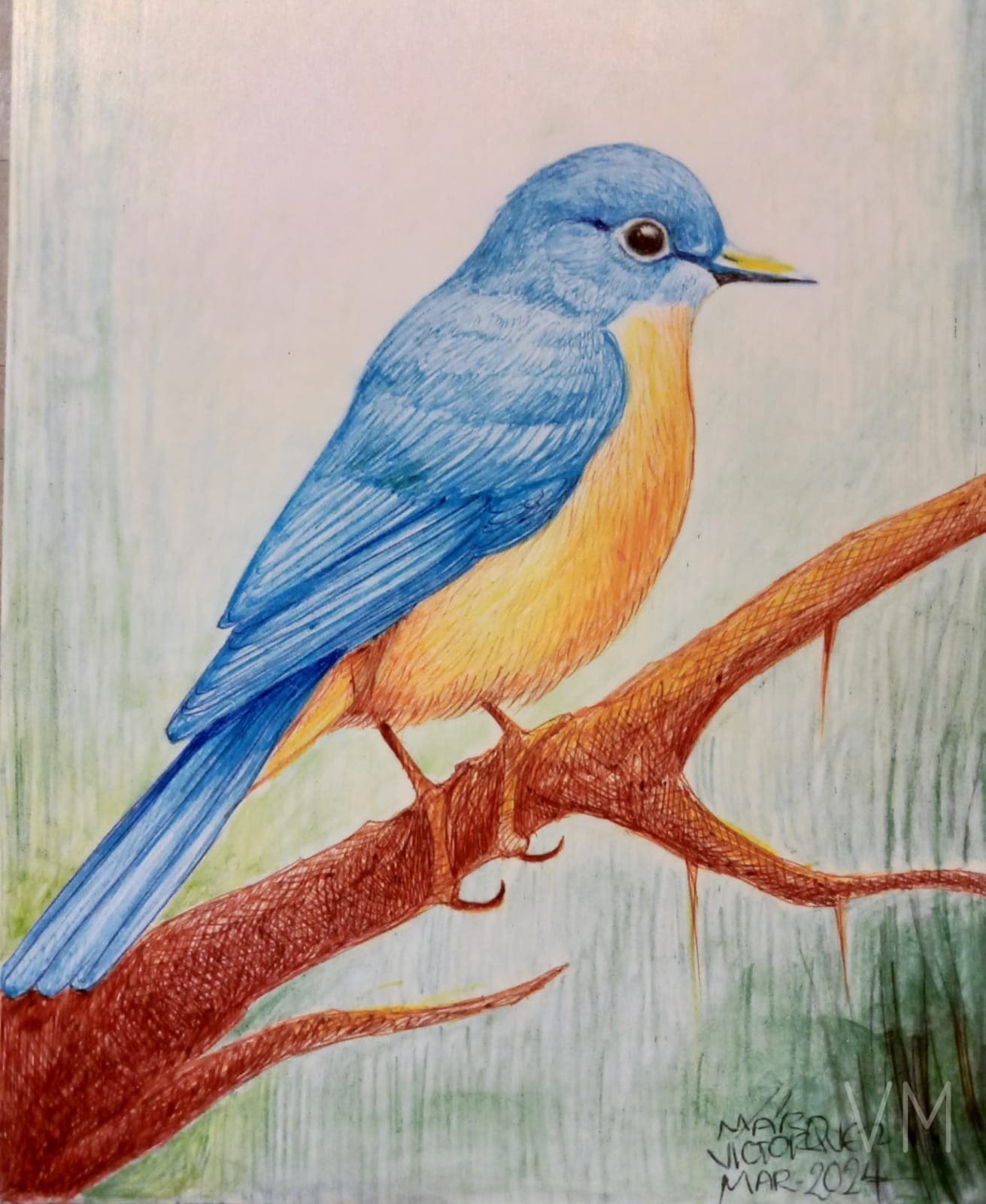 Pájaro azulejo en rama con fondo primaveral verde, colores brillantes.