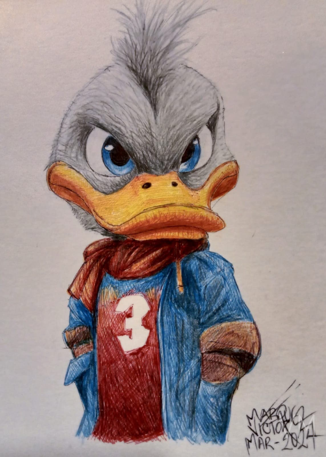 Pato Donald con sudadera urbana estilo hip-hop y mirada desafiante. Arte pop urbano.