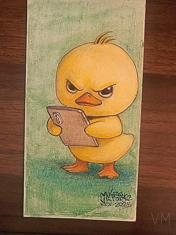 Separador a color de un patito furioso con su tablet, personaje con actitud