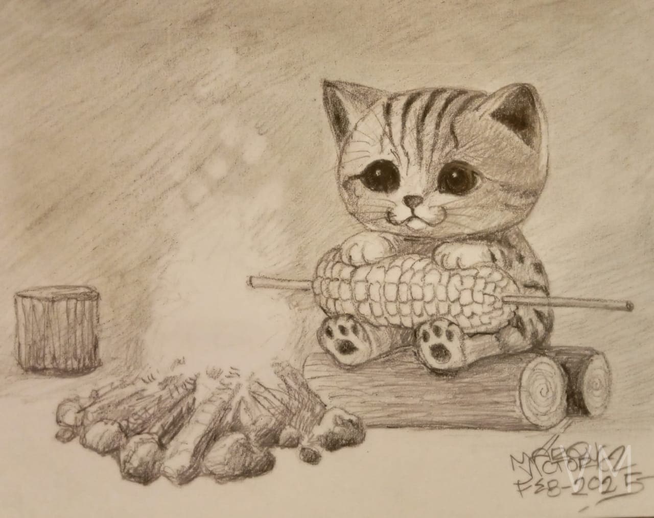 Adorable gatito asando un elote en una fogata, escena tierna y detallada