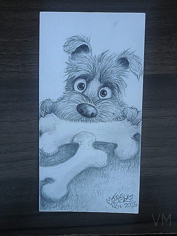 Yorkshire terrier agarrando un hueso enorme con ojos enormes y expresivos