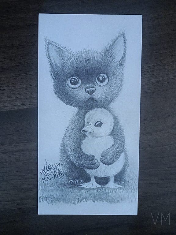 Gato negro abrazando tiernamente a un patito, separador de amistad inesperada