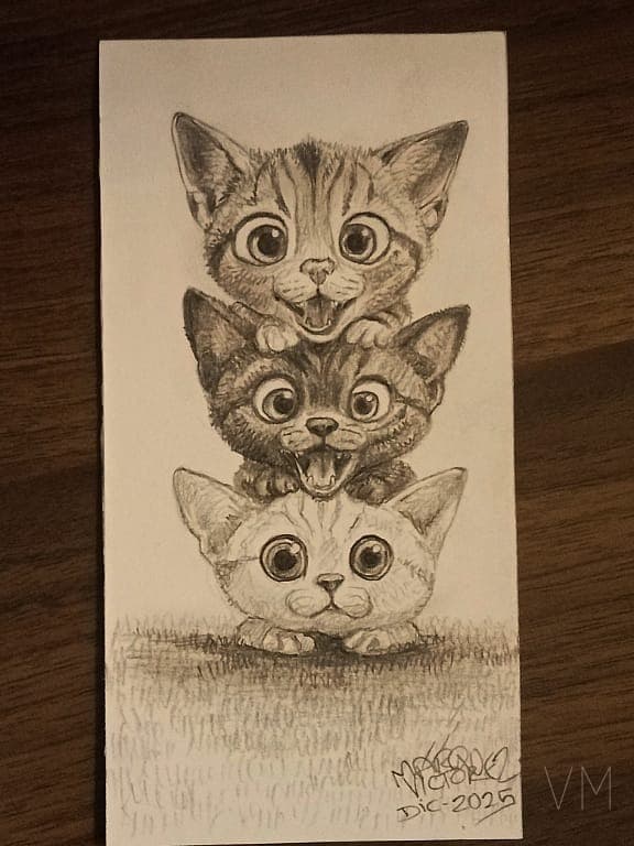 Tres gatitos apilados con expresiones únicas, separador divertido y tierno