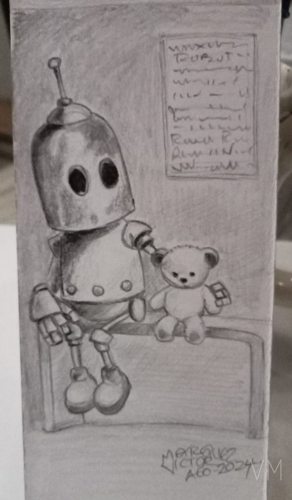 Pequeño robot sentado junto a su osito de peluche, en formato separador.