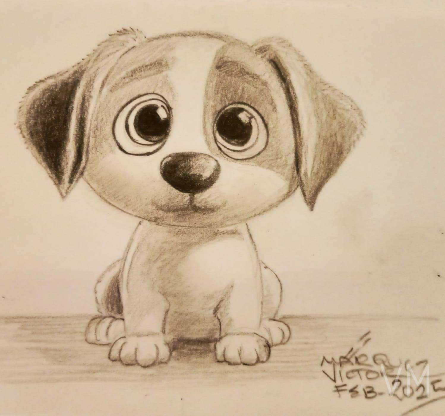 Pequeño cachorro con enormes ojos tiernos sentado mirando al espectador.