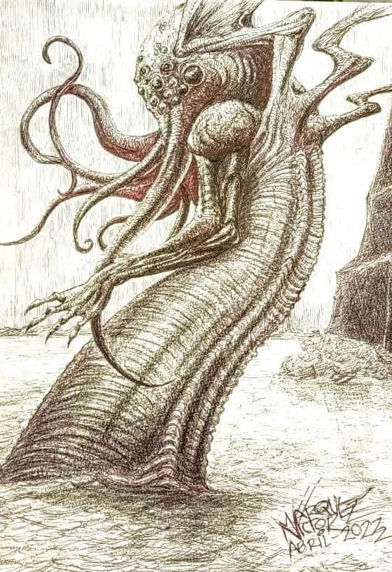 El gran Cthulhu emergiendo del mar oscuro, criatura lovecraftiana con tentáculos y alas.
