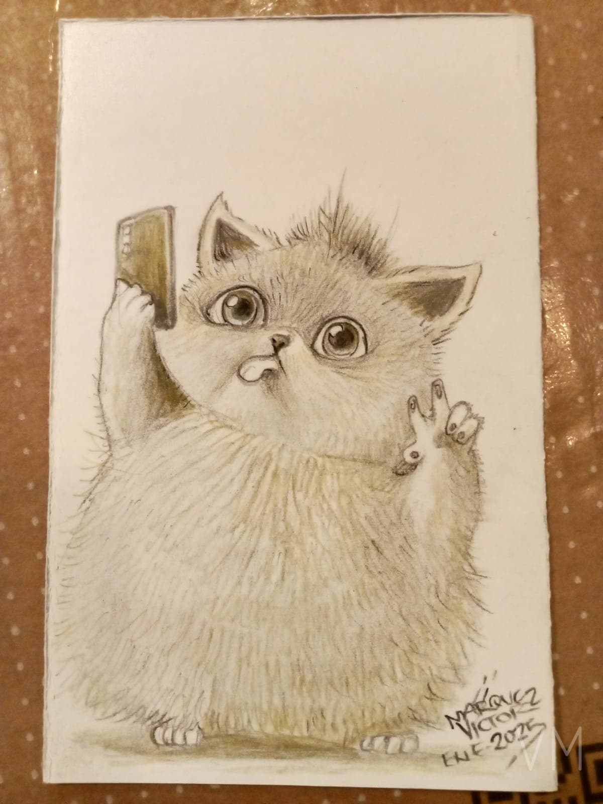 Gatito esponjoso tomándose una selfie con su celular haciendo señal de paz.