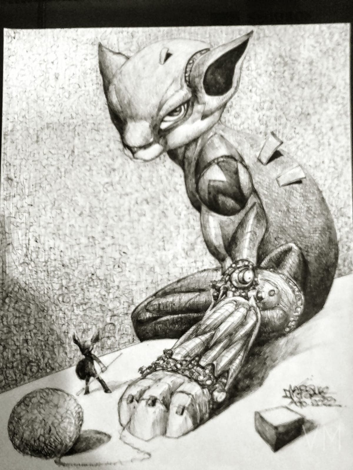 Enorme gato blindado y mecánico con persona diminuta a sus pies, estilo steampunk fantástico.