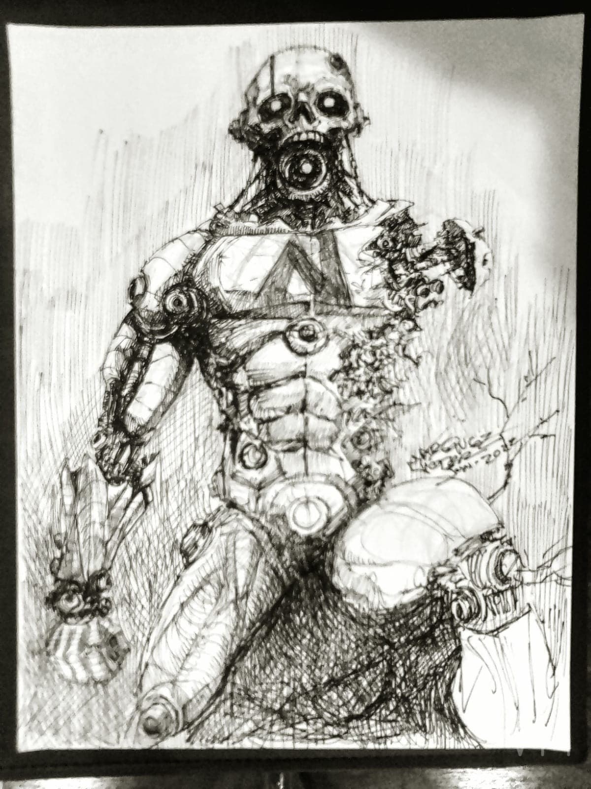 Cyborg estilo Terminator semi-destruido mostrando su endoesqueleto metálico.