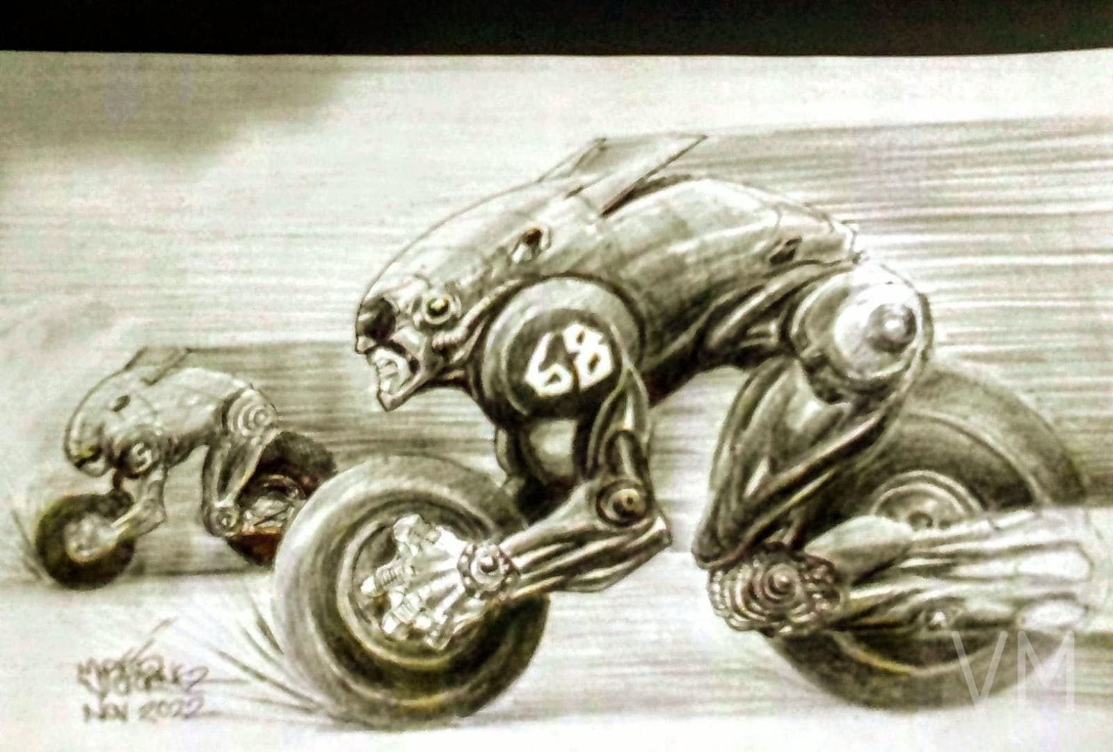Motociclistas alienígenas en carreras futuristas a alta velocidad, número 68.