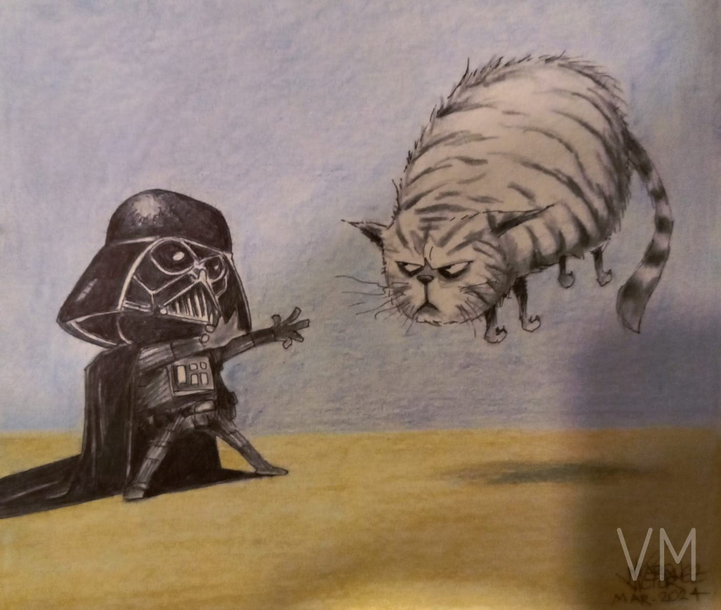 Chibi Darth Vader usando la Fuerza para levantar a un gato furioso. Humor galáctico.