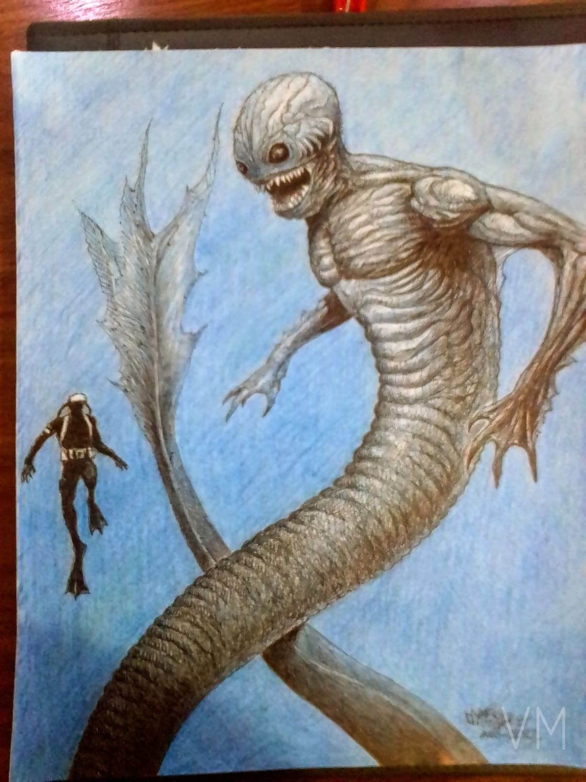 Terrorífica criatura marina tipo sirena con buzo diminuto para escala. Pesadilla del océano profundo.