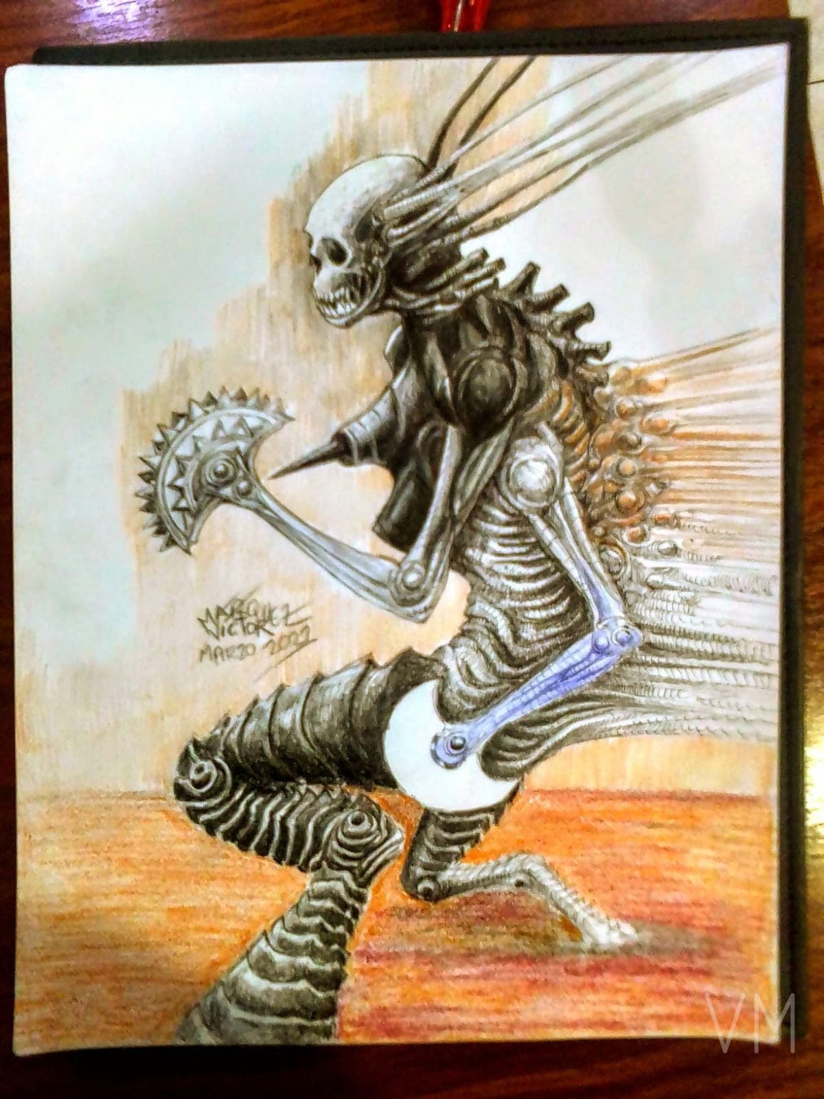 Criatura alienígena esquelética tocando guitarra eléctrica con energía salvaje.